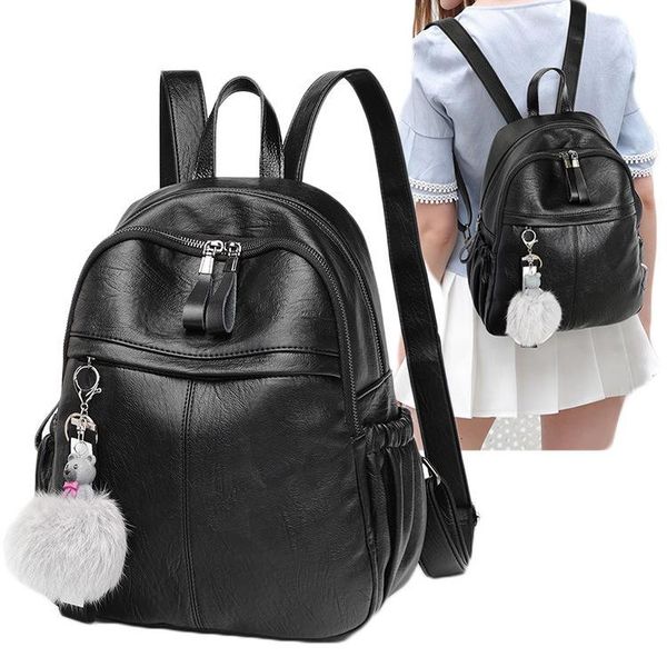 

outdoor bags women leather zip large capacity backpack rucksack college casual bag style travel with plush pendant