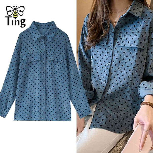 

women oversized blue blouse polka dots long sleeve corduroy shirt female casual loose chic blusas plus size 210513, White
