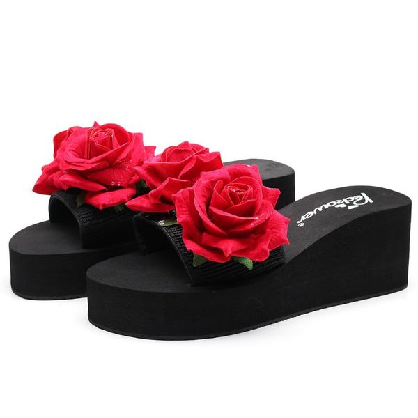 

slippers women summer bohemia sandals slipper rose wedge high heels ladies beach flip flops platform shoes, Black