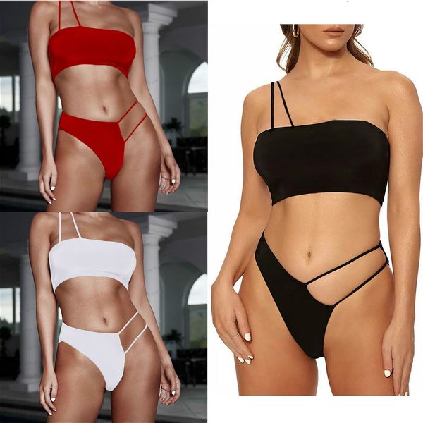 

out slant cut shoulder split bikini women's swimsuit, White;black