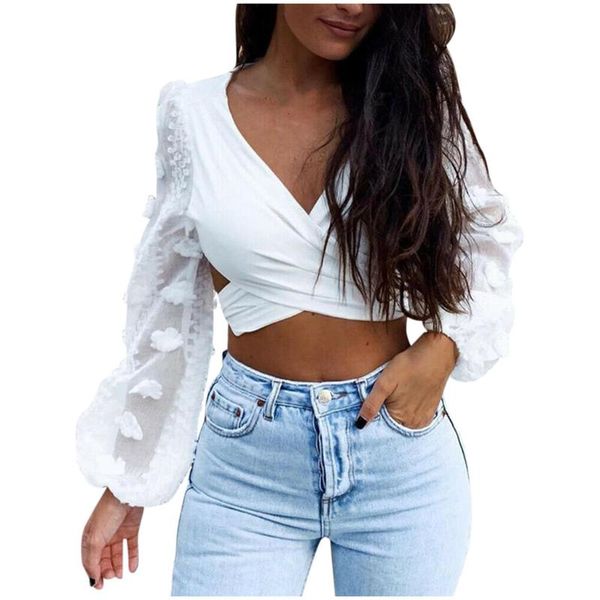 

vintage blouse women lace splice puff sleeve deep v-neck hollow poleras camiseta mujer harajuku women's blouses & shirts, White