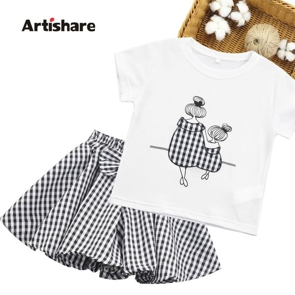 

kids clothes girls tshirt + plaid skirt children's for bow casual style tracksuit 220307, White