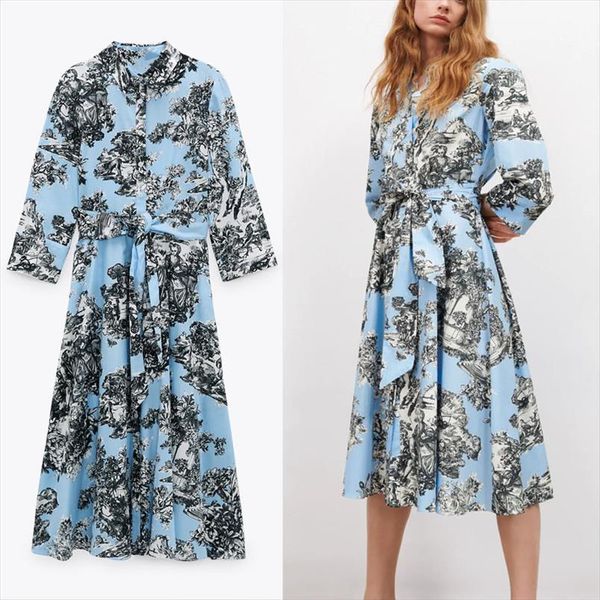 

za summer blue print womens dresses shirt long sleeve belt elegant midi female chic floral pleated vestido, Black;gray