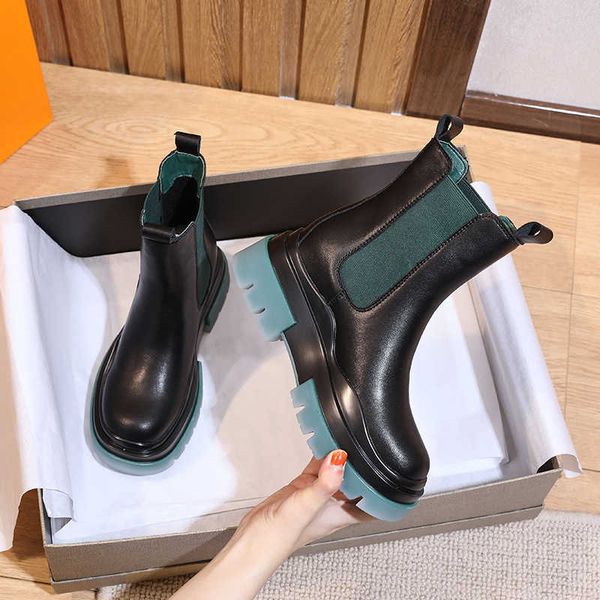 

cowhide chimney boots children's autumn thick bottom middle tube short heightening women's shoes martin small, Black