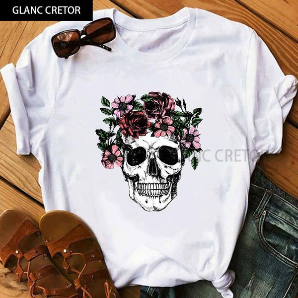 

women's t-shirt graphic girl 90s clothing harajuku funny skull punk female casual short sleeve, White