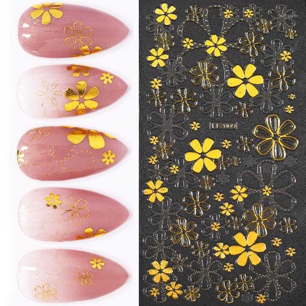 

piece of 3d golden nail stickers with gilded leaves and flowers pattern design diy art decorations1, Black