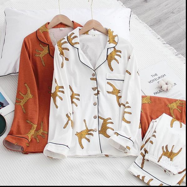 

japanese style 100% cotton suit womens sleepwears leopard print long sleeved trousers pajamas spring autumn winter home service women, Black;red