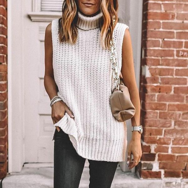 

women's sweaters 2021 sleeveless loose split turtleneck knitted women long sweater autumn winter casual oversized pullover, White;black