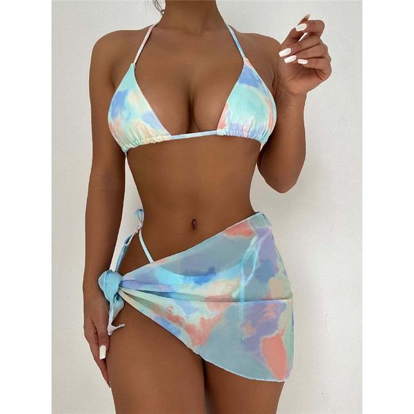 

women's swimwear tie dye halter brazilian bikini female swimsuit women 3pcs 2pcs set with sarong bather bathing suit swim, White;black