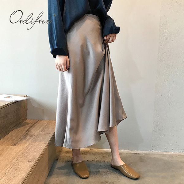 

summer elegant women satin long high waist silk vintage loose maxi skirt 210415, Black