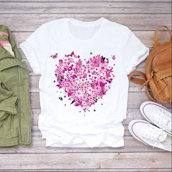 

butterfly love heart valentine women fashion flower floral print graphic tee shirt, White