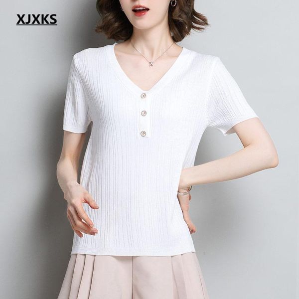 

women's t-shirt xjxks 2021 summer women high elasticity comfort button knitted short sleeve, White