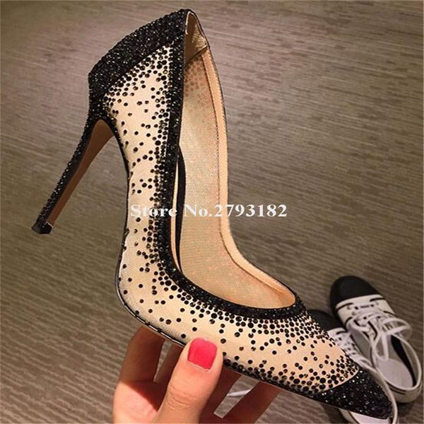 

brand design women luxurious pointed toe mesh rhinestone thin heel pumps beige black lace high heels wedding shoes dress
