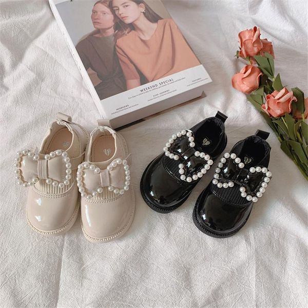 

flat shoes girls black leather spring autumn style single pearl bow western baby girl princess little toddler, Black;grey
