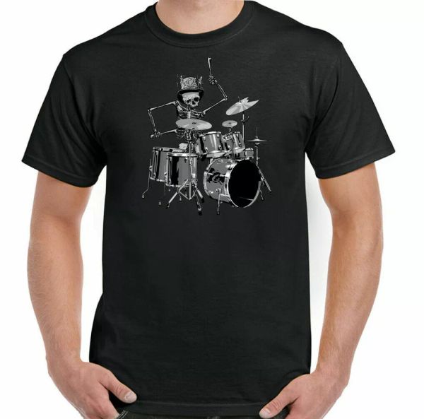 

drummer t-shirt mens funny skeleton drums skull pin rock band, White;black