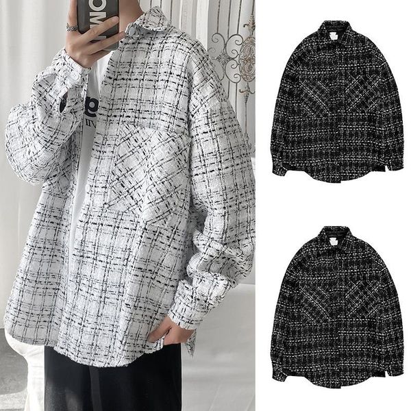 

spring autumn casual loose men's long-sleeved plaid shirt jacket fashion personality cardigan shirts, White;black
