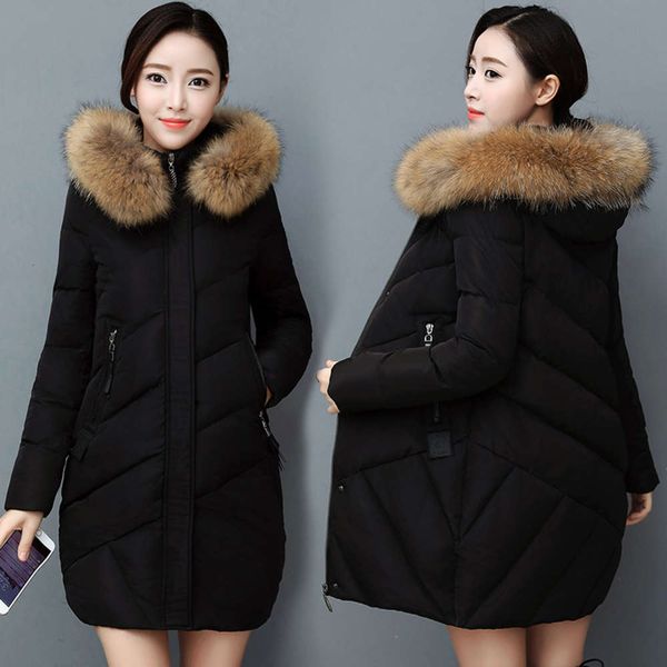 

down jacket women's middle and long slim fit winter coat white duck hairy collar tide, Black