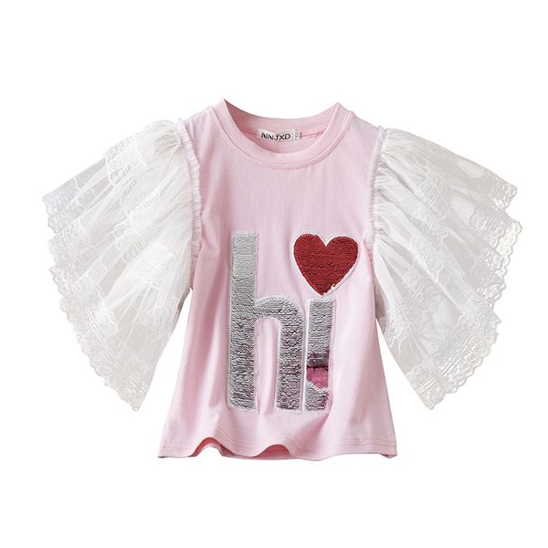 

kid girl t-shirts tulle short puff sleeve little girl summer t shirt swan sequins hi print undershirt ins baby princess child tee top, Blue