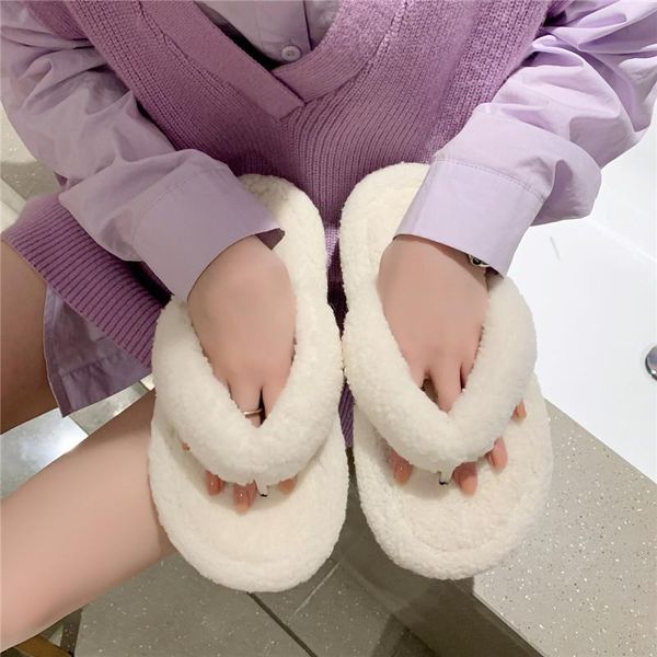 

slippers winter women home furry open toe warm shoes plush non-slip indoor cotton cozy lining soft lamb wool flip flop, Black