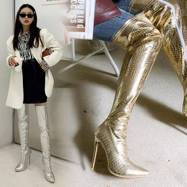 

boots 12cm stripper heels over the knee fetish nightclub fashion pointed toe models show mature party women elegant, Black