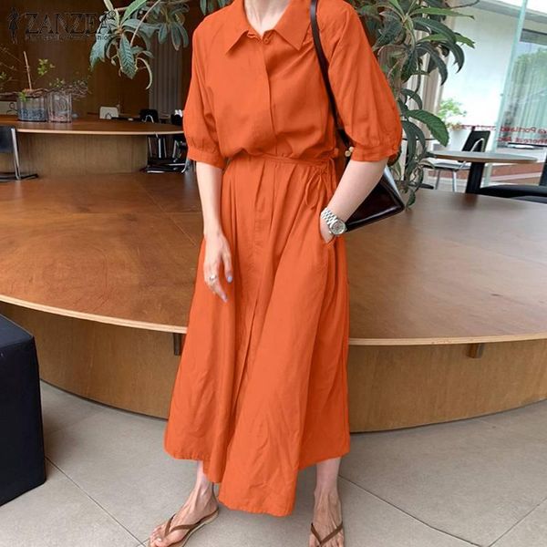 

casual dresses elegant solid lapel short sleeve maxi vestido office work long lace up dress kaftan fashion women summer sundress, Black;gray