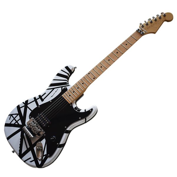 Fábrica Outlet-6 Strings WhiteBlack Guitarra elétrica listrada com Floyd Rose, Fingerboard de Maple