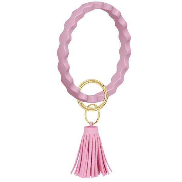 

jewelry silicone wristlet keychain wave bracelet with leather tassel bangle keyring large circle key ring for women girls gifts, Red;brown