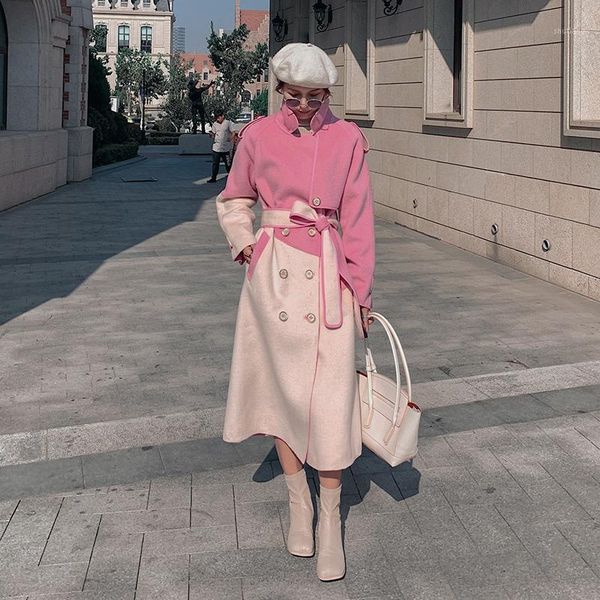 

women's wool & blends fashion splice color double breasted belted woolen coats and jackets fall winter clothes women elegant looose lon, Black