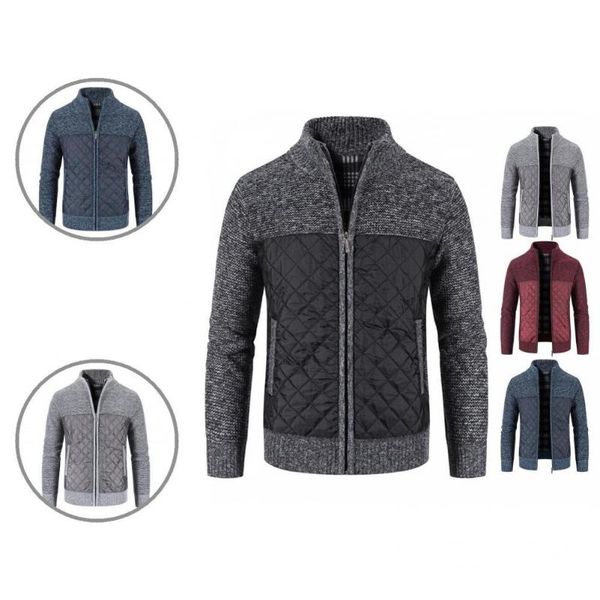 

men's jackets knitted jacket simple patchwork stand collar male windproof elastic sweater coat, Black;brown