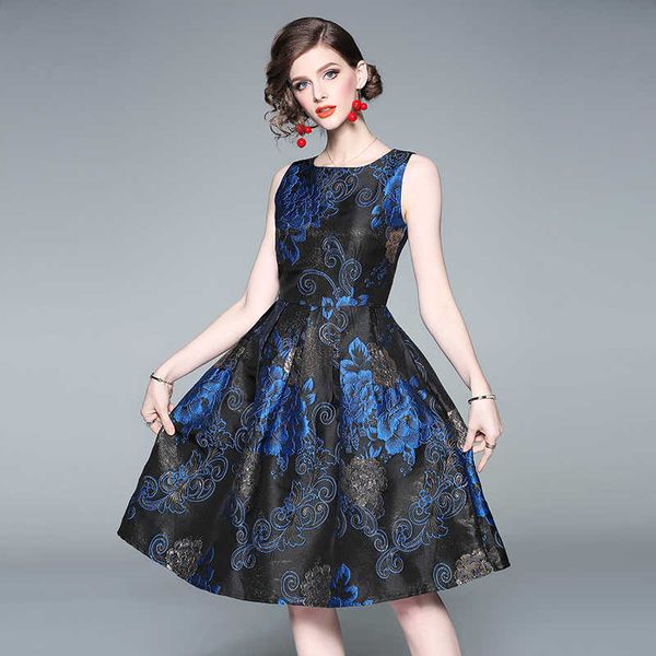 Elegante cocktail party hepburn vintage dorato fiore blu floreale floreale nero jacquard vestito senza maniche vestiti vestiti sottili 210529