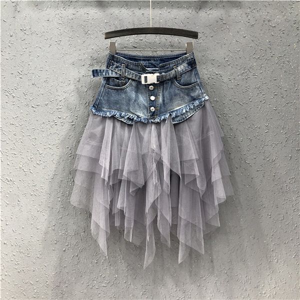 

womens denim tulle skirts womens asymmetrical mesh patchwork pocket empire pleated midi skirt tassel streetwear short jean skirt, Black