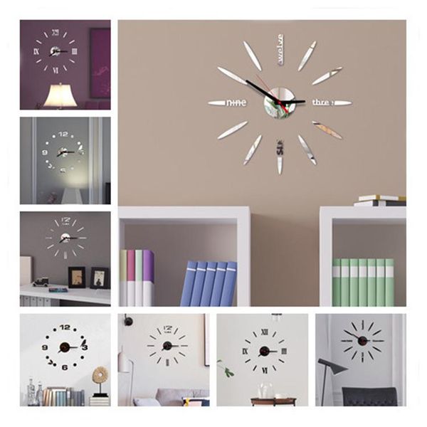 

wall clock watch acrylic 3d mirror stickers silver self adhesive sticker clocks home decals for room decoration