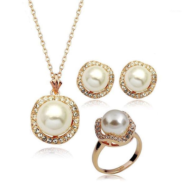 Ohrringe Halskette MOONROCY Imitation Perle Kristall Und Ring Schmuck Set Rose Gold Farbe Für Frauen Drop Party Großhandel