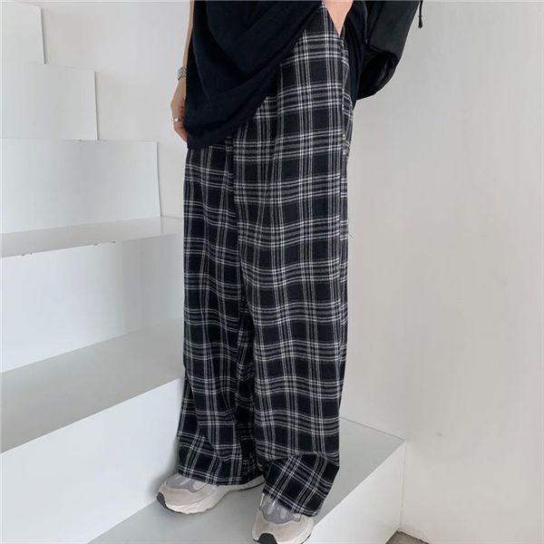 

casual plaid loose women pant wide leg trousers oversize 3xl ins retro teens straight hip hop streetwear, Black;white