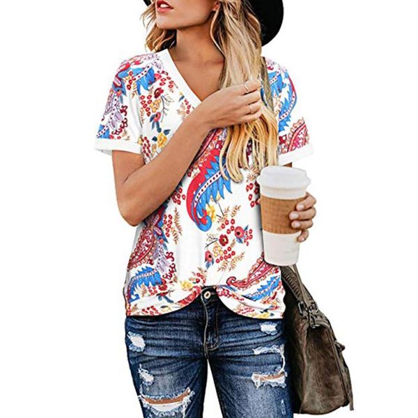 

women's t-shirt summer women v-neck printed fashion ladies streetwear casual loose short sleeve oversized d30, White