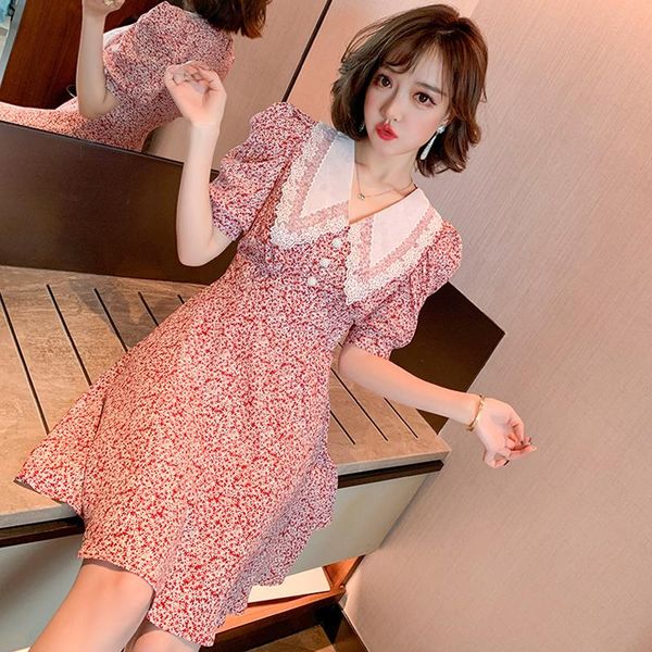 

casual dresses awarose floral print lace lapel puff sleeve summer mini dress 2021 lady high waist a-line elegant vintage women, Black;gray