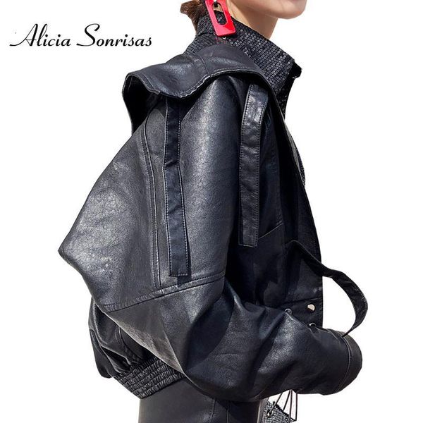 

women's leather & faux jacket women motorcycle black rivets long sleeve big pockets short washed pu biker coat with belt as076 gsj