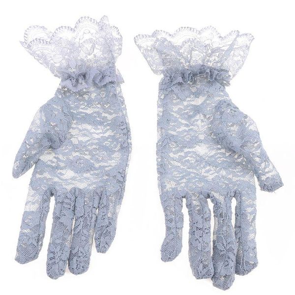 

five fingers gloves 40gc women summer uv protection floral lace jacquard wedding ruffles mittens, Blue;gray