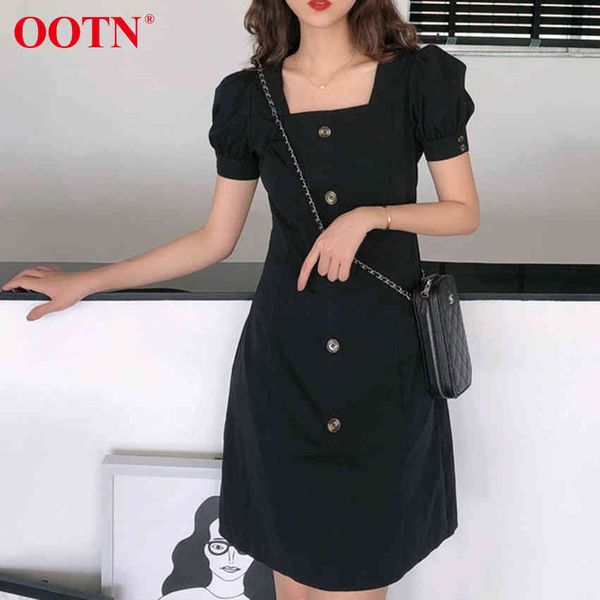 

ootn black puff sleeve women dress square neck single breasted solid mini dress female casual short sleeve ladies dress 210413, Black;gray