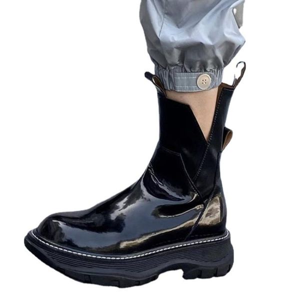 

boots 2021 fashion round toe platform women autumn winter ladies bright patent leather knight increased shoes black