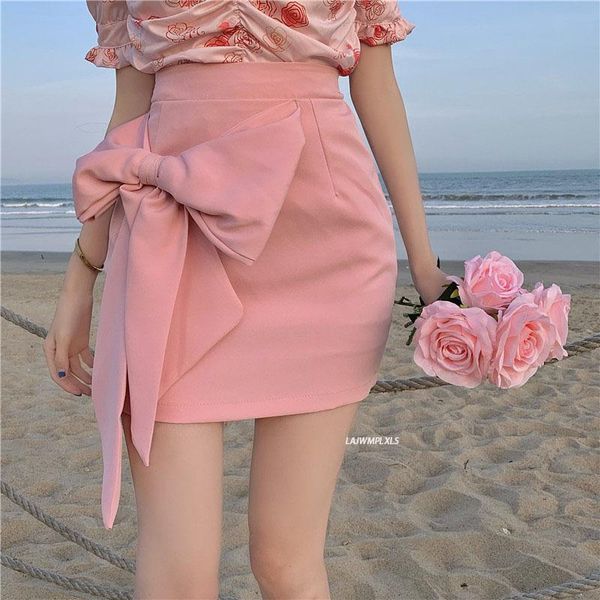 

skirts korean elegant skirt female summer bowknot high waist slim mini 2021 bag hip all-match pink, Black
