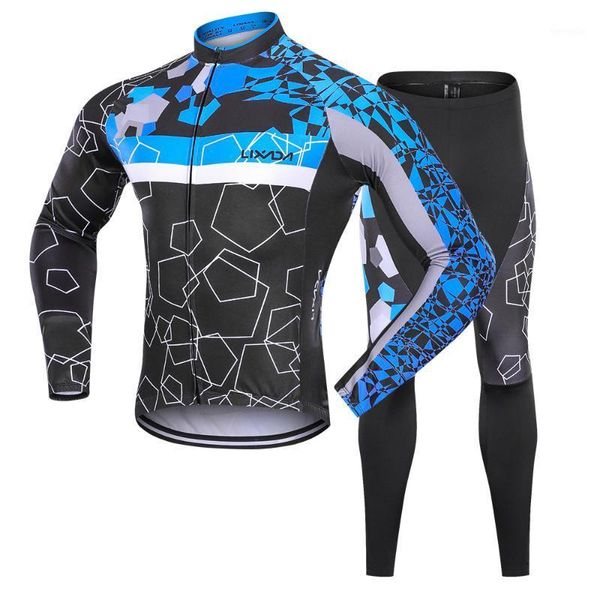 

men winter thermal fleece bicycle clothing set long sleeve windproof cycling jersey coat jacket gel padded trousers1, Black;blue