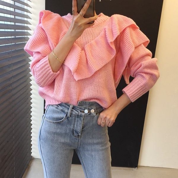 

women's knits & tees sweater for winter wear loose ruffles knitwear ladies fashion long-sleeved upper garment bottoming shirt, White