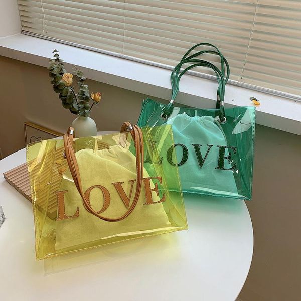 

evening bags fashion large capacity women's shoulder handbag summer holiday travel tote transparent jelly bag beach 2set
