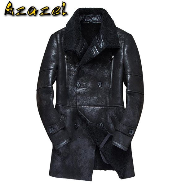 

men's leather & faux azazel real genuine jacket men winter vintage sheepskin coat shearling natural wool fur coats 3121-1 kj3288, Black