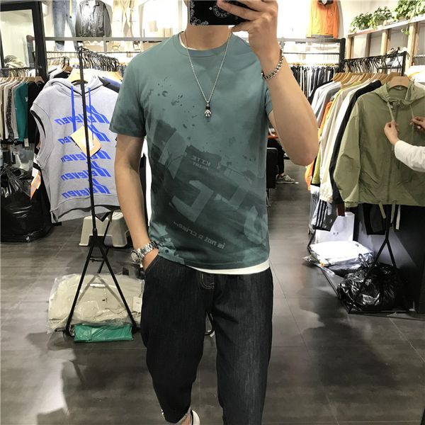 Nova tendência masculina de manga curta camiseta impressão magro ajuste verão casual t carta elástica personalizado flor topo bonito roupas masculinas M-4XL