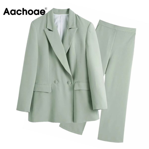 

office wear solid color suit blazer set women double breasted blazer straight long pants elegant green 2 piece set, Black;white
