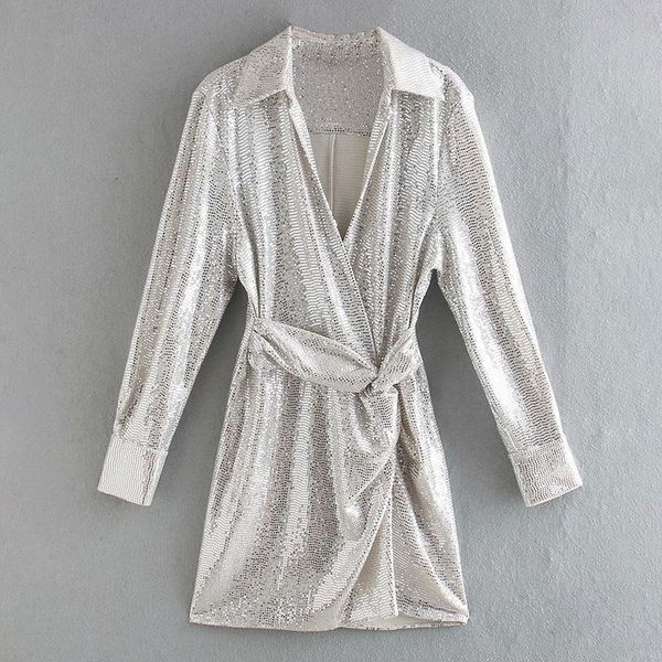 

casual dresses zoepo turn down collar sequined women fashion knot fold mini dress elegant a line solid female ladies, Black;gray