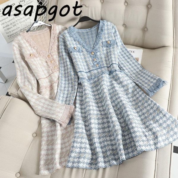 

little fragrance temperament office lady slim waist knit v neck blue plaid dress gentle elegant 2021 spring fashion chic korean casual dress, Black;gray
