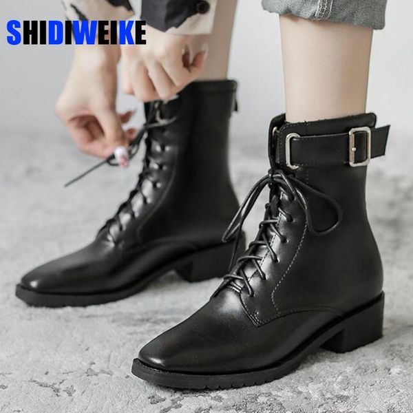 

boots autumn winter motorcycle women square toe buckle shoes high heel fashion plus size heels lacing warm fur shoe, Black